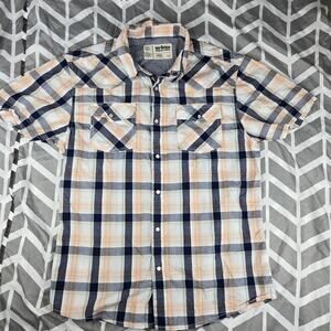 Urban Pipeline Mens Sz Large Pearl Snap Western Shirt, Blue/Peach/White